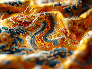 Opulent Dragon Embroidery on Luxurious Fabric, Traditional Artistry created with Generative AI technology