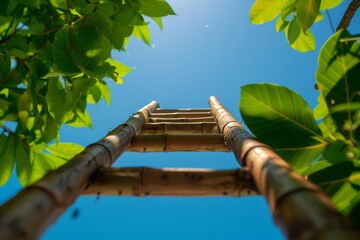 Bottom view of an old bamboo ladder in a garden getting ready for trimming work with green leaves...