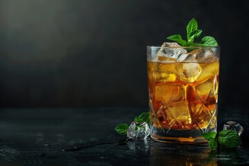 Bourbon ice and mint in a glass on a black background creating a Mint Julep cocktail - obrazy, fototapety, plakaty