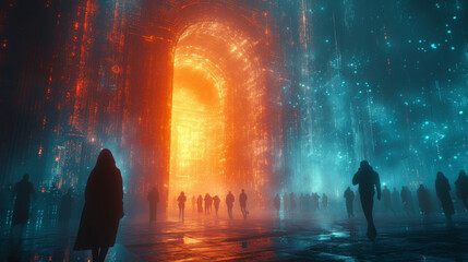 A futuristic representation of the potential impact of cryptocurrency on traditional banking systems. As animated digital coins flood into traditional bank buildings a crowd