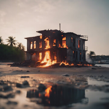 Haus in Flammen am Strand