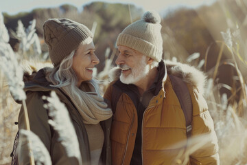 Happy senior couple talking while enjoying in walk in nature