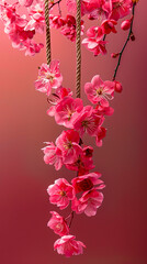 Elegant Cherry Blossoms Suspended on Rope, Spring Floral Display created with Generative AI technology