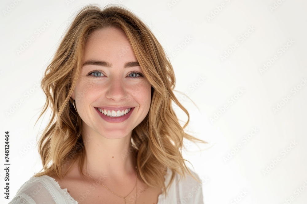 Wall mural Caucasian woman smiling isolated on white studio background looking at the camera - Wall murals