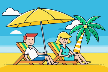 Beach summer couple on island vacation holiday relax in the sun on their deck chairs under a yellow umbrella. Idyllic travel background.
