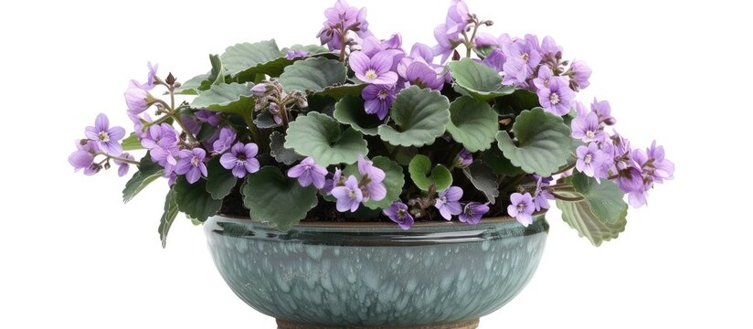 A lush African Violet Saintpauli hybrid plant with striking purple flowers blooming in a distinctive pot.