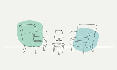 One continuous line drawing of two armchairs. Interior concept Vector illustration