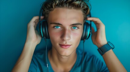 Young man enjoying music with headphones, vibrant teal background, casual style. trendy youthful portrait. AI