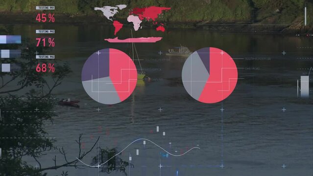 Animation of data processing, stock market and world map over river