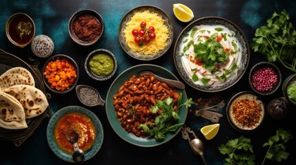 Top view of a festive table with a variety of festive traditional Arabic dishes in the Holy Month of Ramadan Karim, Iftar. - obrazy, fototapety, plakaty