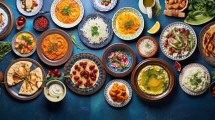 Top view of a festive table with a variety of festive traditional Arabic dishes in the Holy Month of Ramadan Kareem on a blue background, Iftar. - obrazy, fototapety, plakaty