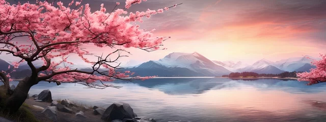 Gordijnen Magical beautiful landscape with pink trees, a lake and mountains, scene of natural wonder © Anna Zhuk