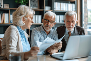 Insurance agent and senior couple analyzing terms of a contract in the office