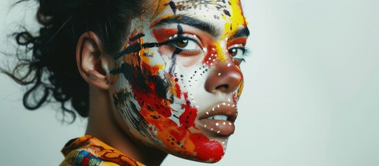 A Taurean-like woman with striking face paint poses for the camera, showcasing intricate designs on her face.