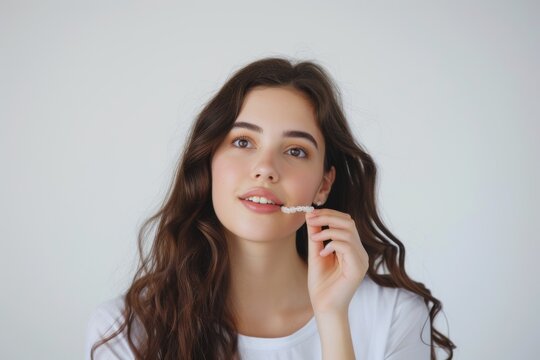 Confident young woman white background holding invisible aligner Dental care symbol