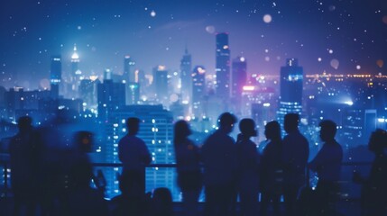 A blurry group of people with a vibrant, illuminated city backdrop, capturing the essence of urban nightlife and social gatherings.