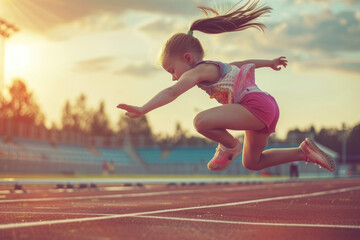 Little girl practicing long jump at athletics club at stadium - obrazy, fototapety, plakaty