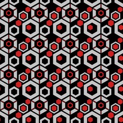 Geometric vintage hexacons, seamless design pattern. Looping texture with simple flat cube shapes. For textiles or decorating and art projects. Retro red, white and black colors. 