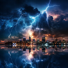 Dramatic lightning storm over a city skyline at night