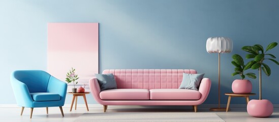 This living room features blue walls contrasting with pink furniture, creating a vibrant and modern aesthetic. The room is furnished with a comfortable sofa, armchairs, and a coffee table.