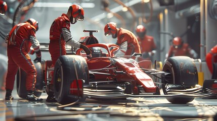 Dynamic pit stop scene with racing team and formula car in action. fast-paced motorsport maintenance. professional crew at work. AI - obrazy, fototapety, plakaty