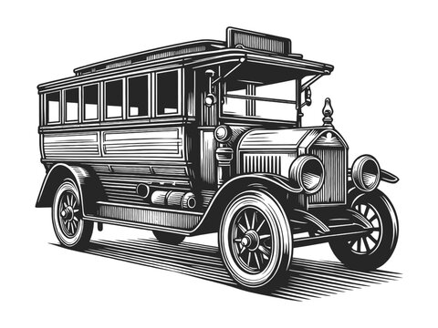 Black and white engraving of a classic vintage bus with detailed linework sketch engraving generative ai vector illustration. Scratch board imitation. Black and white image.