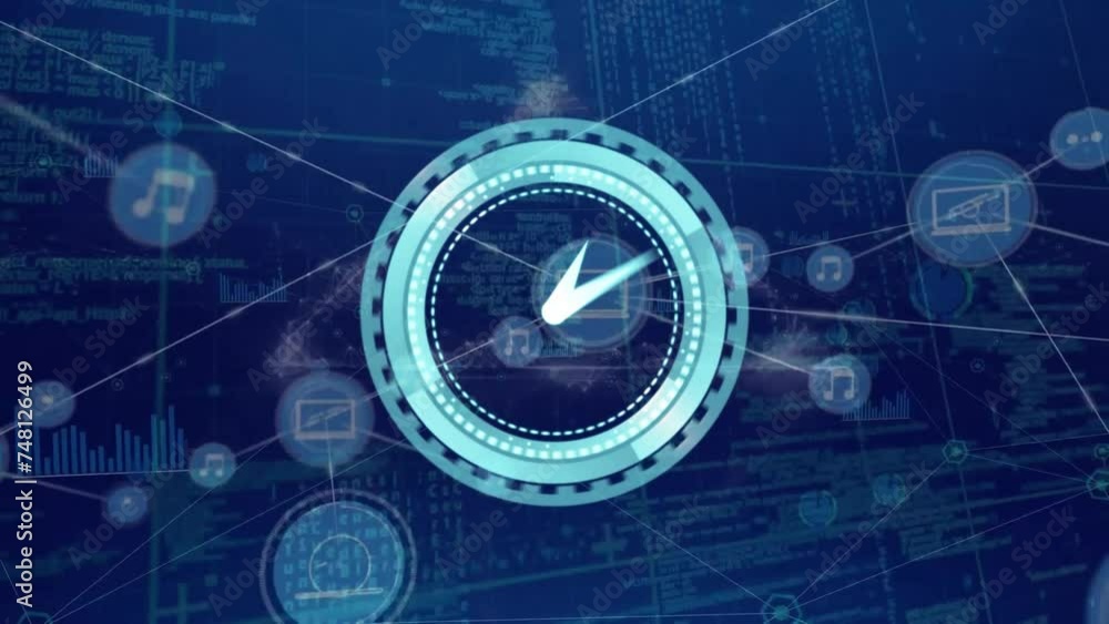 Poster animation of clock over network of connections with icons and data processing