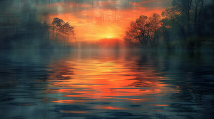 Texture of a sunset reflected in a river blending warm and cool tones to create a serene and fluid image.