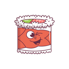 Vintage Japanese food character Sushi, Roll groovy style. design sticker seafood for bar, restaurant. Retro vector illustration.