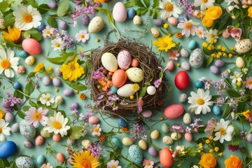 Fototapeta na wymiar Easter card with creative holiday concept eggs flowers candy text space Flat lay pattern