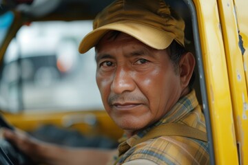 Ecuadorian taxi driver s portrait Yellow taxi in Ecuador Copy empty