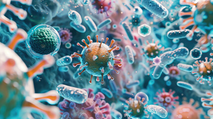 view of a virus or bacteria under a microscope, infectious disease, cell-infected organisms