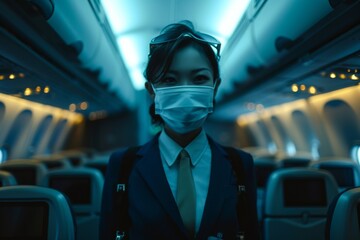Female flight attendant wearing a face mask boards plane for international travel amidst the coronavirus pandemic