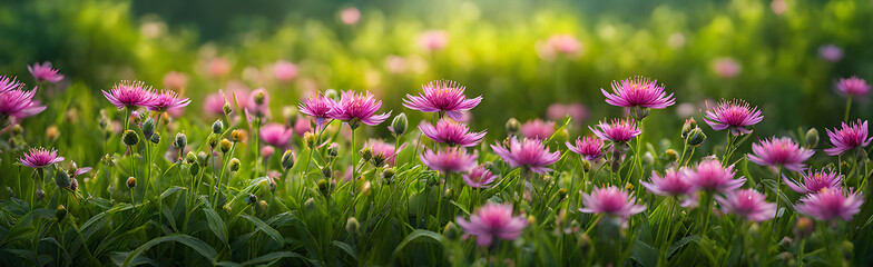 Obraz premium pink purple flowers spring meadow graphic macro green grass background banner, free space