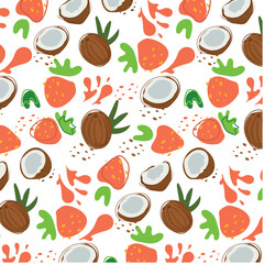 Abstract pattern with strawberry and coconut pattern in flat style. Fresh Seamless pattern. Vector background. Summer time print. For vape, juice or ice cream background.