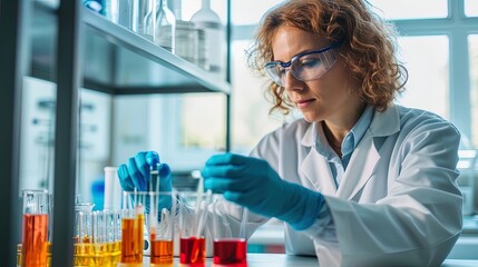 Woman working with test tubes in a scientific laboratory, conducting experiments and contributing to research, capturing the essence of scientific exploration