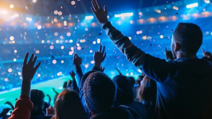 An unfocused view of a lively crowd with raised hands enjoying an evening event, filled with lights and energy. - obrazy, fototapety, plakaty