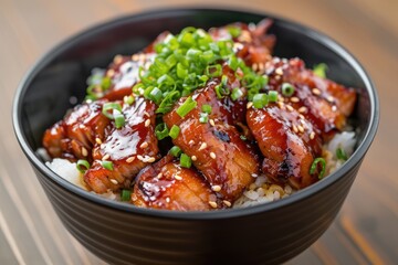 white cooked rice with barbeque chicken with teryaki sauce