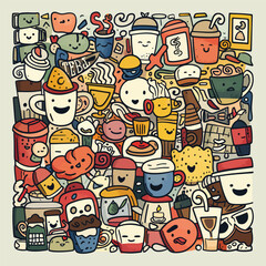 Doodle handdrawn cartoon with smiles and taste coffee