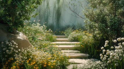 A tranquil garden pathway winds through lush greenery and vibrant flowers, bathed in the soft light of the setting sun.