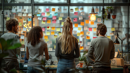 Business young creative presentation Team successful teamwork. Brainstorm meeting with sticky paper notes on glass wall for new ideas. - obrazy, fototapety, plakaty