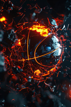 A 3D basketball in motion surrounded by shattered pieces and fire, designed for sports background.