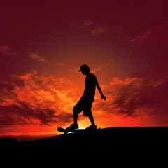 Silhouette of a skateboarder against a sunset.