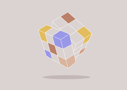 A riddle Cube hovers in mid-twist, colors partially aligned