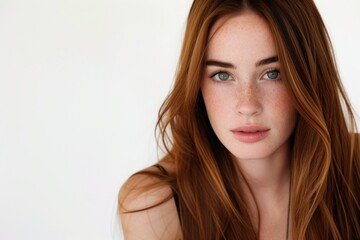 Fototapeta premium Gorgeous lady with lengthy straight brown hair against a white backdrop