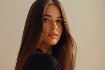 Naklejka premium Gorgeous model with sleek long brown hair Keratin treatment for smooth cared hairstyle at the spa