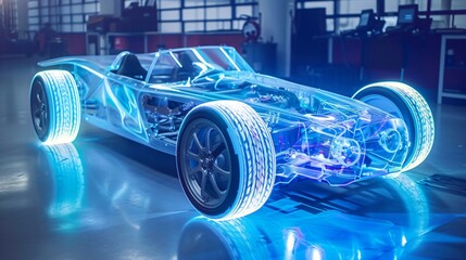 The blueprint of tomorrow electric car chassis enhanced by blue tech light - obrazy, fototapety, plakaty