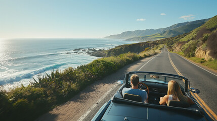 Happy couple love and family drive a classic car with amazing sea ocean and beach view from road along the sea in summer road trip in holiday