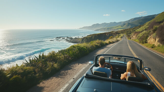 Happy couple love and family drive a classic car with amazing sea ocean and beach view from road along the sea in summer road trip in holiday - Powered by Adobe