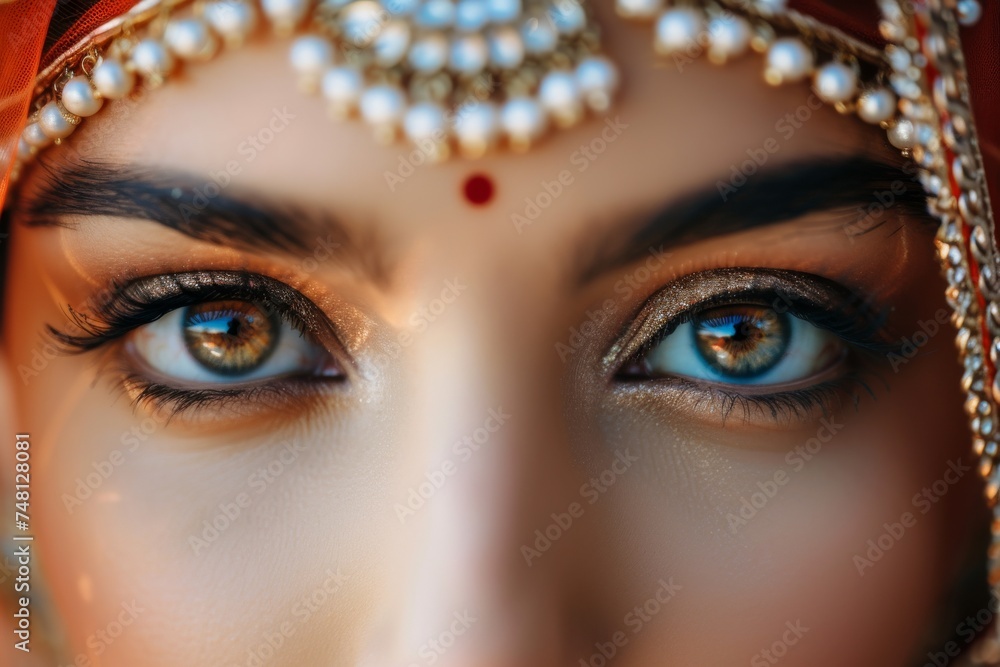 Wall mural indian woman s face up close with stunning makeup showcasing her beautiful eyes at a wedding